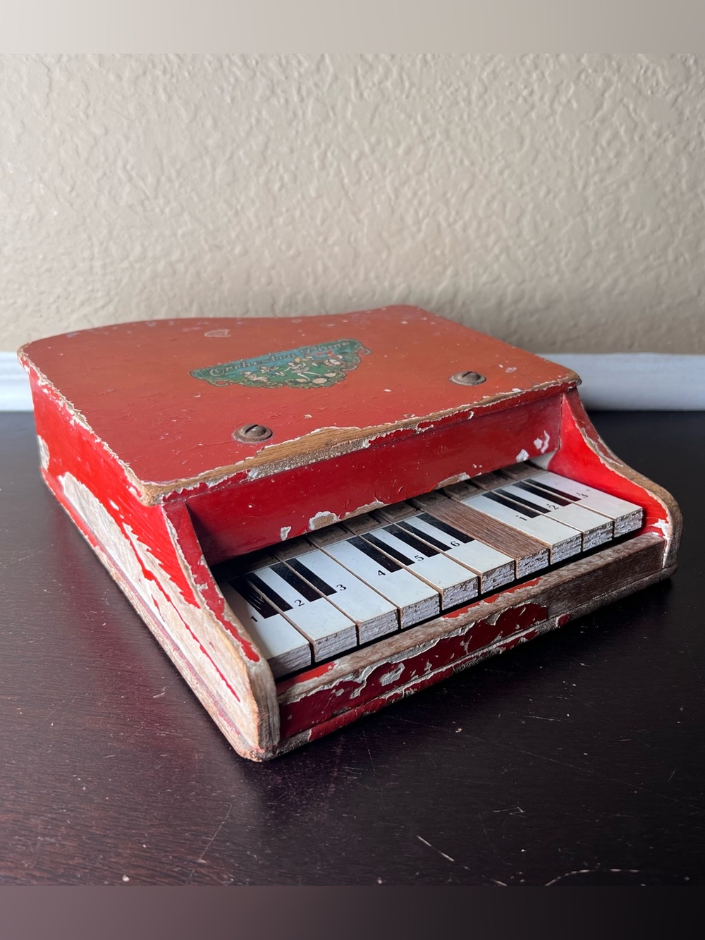 Vintage 1950s Orchestra Piano Toy Grand Piano Red Chippy Paint
